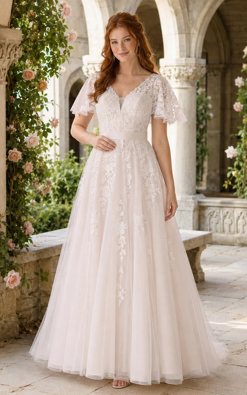 A-Linien-Brautkleid mit V-Ausschnitt, flatternden Ärmeln und Spitze für eine Hochzeit im Innenhof
