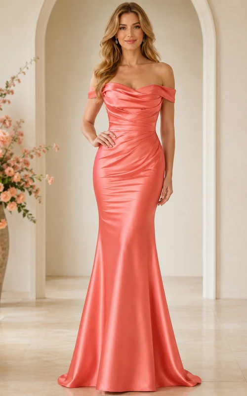 Vestido de sirena con escote corazón, mangas cortas, fruncido, cremallera, espalda baja en V y cola, color coral.