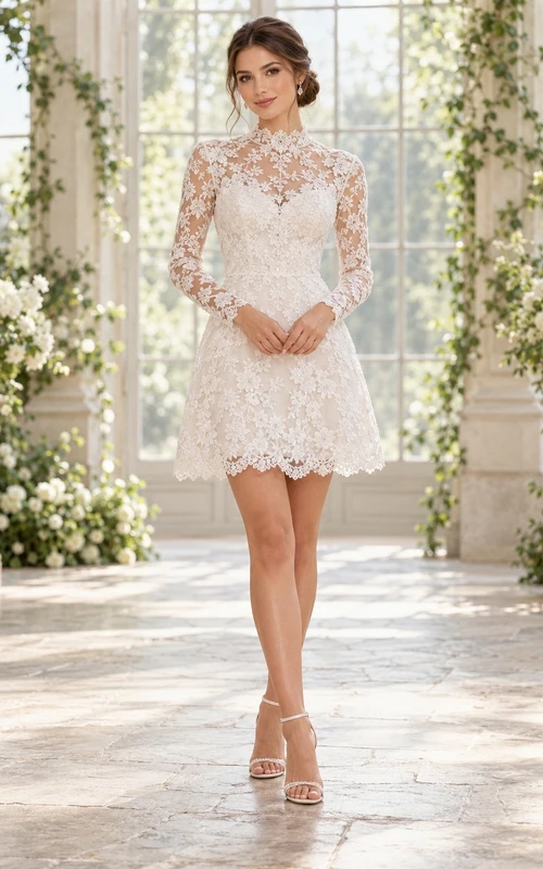 Short High Neck Long Sleeve Floral Lace Scalloped Wedding Dress