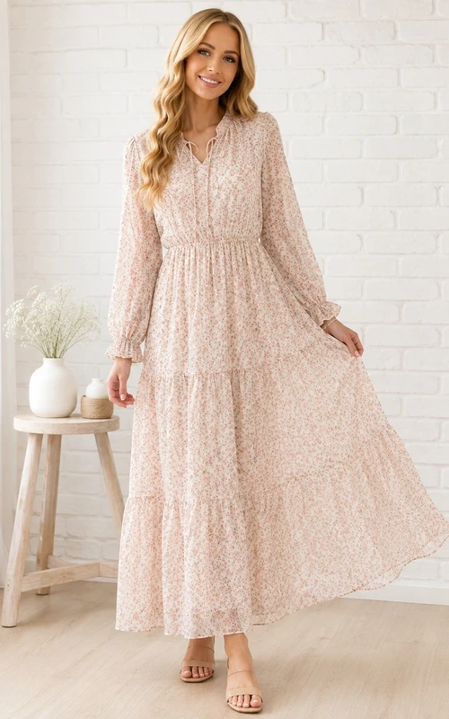 Vintage-Kleid mit langen Ärmeln, schlichtem, lässigem Spitzenrock und Stufenrock in Knöchellänge