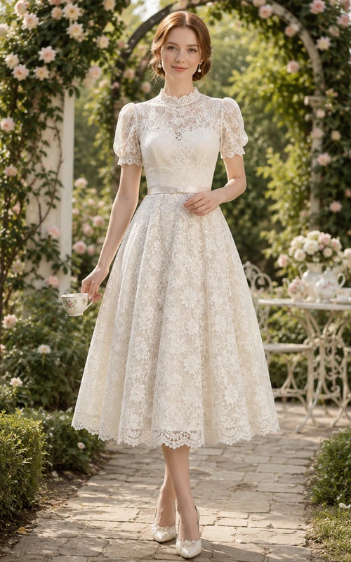 Robe de mariée vintage en dentelle à col montant et coupe trapèze, longueur thé