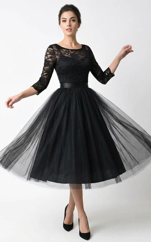 3/4 Sleeve Scoop Neck Lace Tea-Length Dress