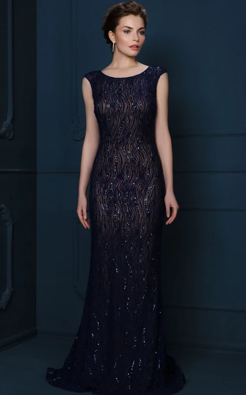 Langes, ärmelloses, figurbetontes Abendkleid mit Pailletten, Rundhalsausschnitt und kurzen Ärmeln