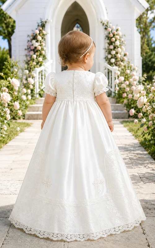 Cross Embroidered Christening Gown A-Line Tulle Lace Jewel Neck Short Sleeve
