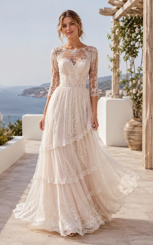 Robe de mariée longue à traîne, décolleté bateau, manches longues, dentelle illusion, tulle, volants, coupe trapèze, longueur au sol.