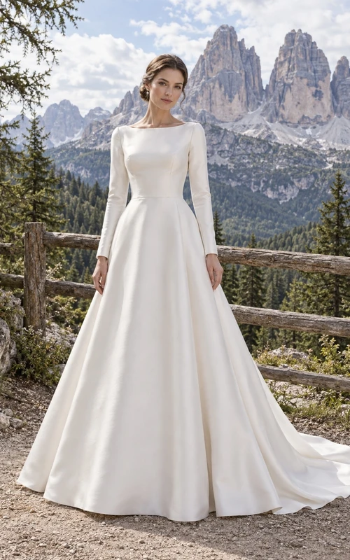Vestido de novia sencillo de satén con escote joya, corte en A, mangas largas y cola.