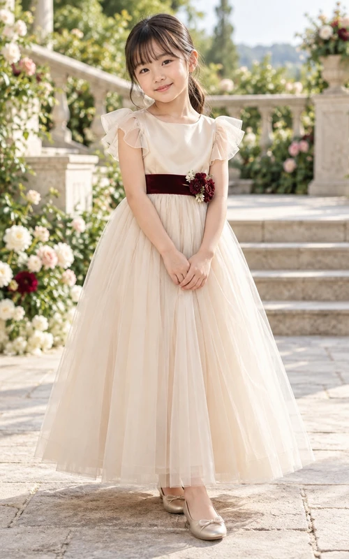 Ivory A-line Tulle Flutter-sleeve Ankle-length Satin-bodice Burgundy-sashed Flower-waist Flower Girl Dress