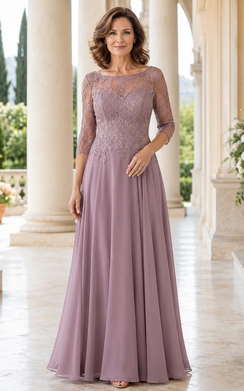 Vestido de maternidad largo hasta el suelo, de gasa con encaje floral, escote corazón ilusión y mangas tres cuartos, color malva.