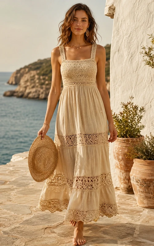 Bohemian Champagnerfarbenes Kleid aus Baumwollspitze im mediterranen Stil, A-Linie, Knöchelbereich, quadratische Träger