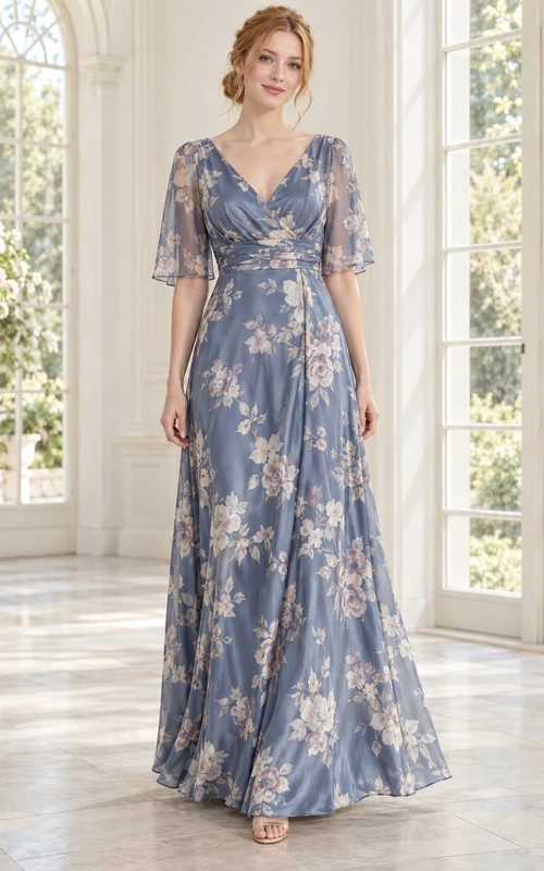 Schieferblaues, blumengemustertes, schlichtes Chiffon-Brautjungfernkleid mit V-Ausschnitt, flatternden Ärmeln und bodenlanger Länge