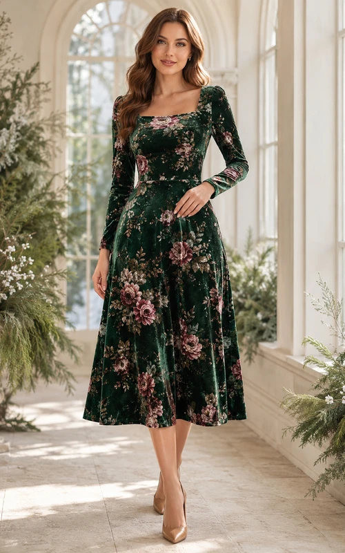 Robe midi trapèze à col carré et manches longues en velours à motif floral émeraude