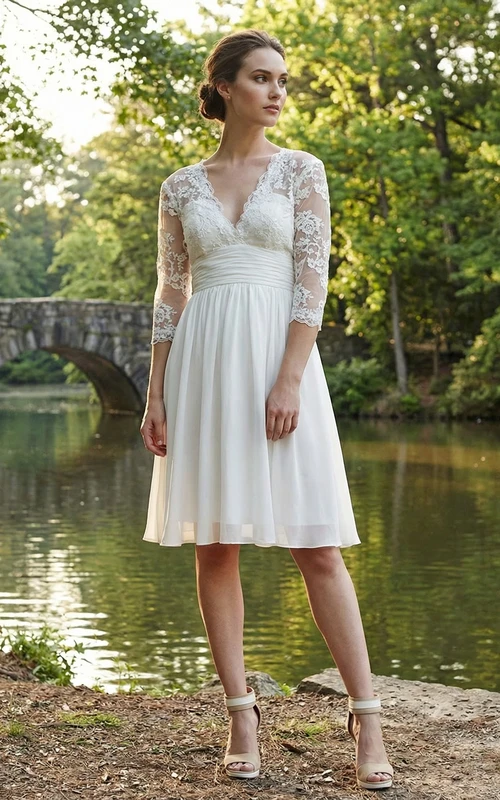 Robe en dentelle à manches 3/4 et col en V, longueur genou