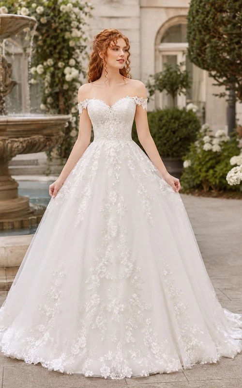 Off Shoulder Lace Ball Gown Garden Wedding Dress