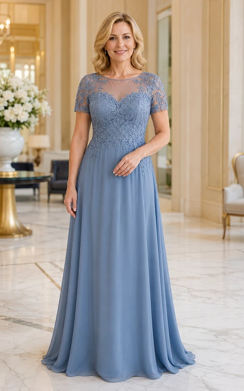 MOB Kleid Stahlblau Chiffon Spitze A-Linie Kurzarm Rundhalsausschnitt Bodenlang Plissee