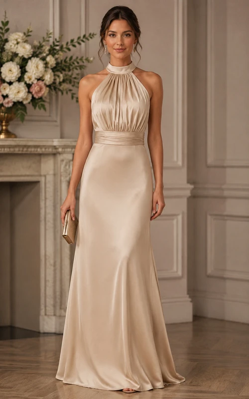 Robe de demoiselle d'honneur fourreau en satin champagne à dos nu