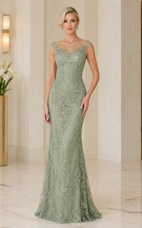 Vestido de encaje de sirena con mangas cortas y escote ilusión para la madre de la novia, color verde salvia.
