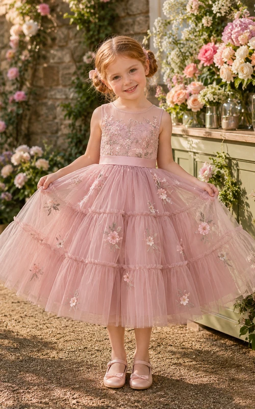 Flower Girl Dress A-Line Blush Floral Tiered Tulle Sleeveless Garden