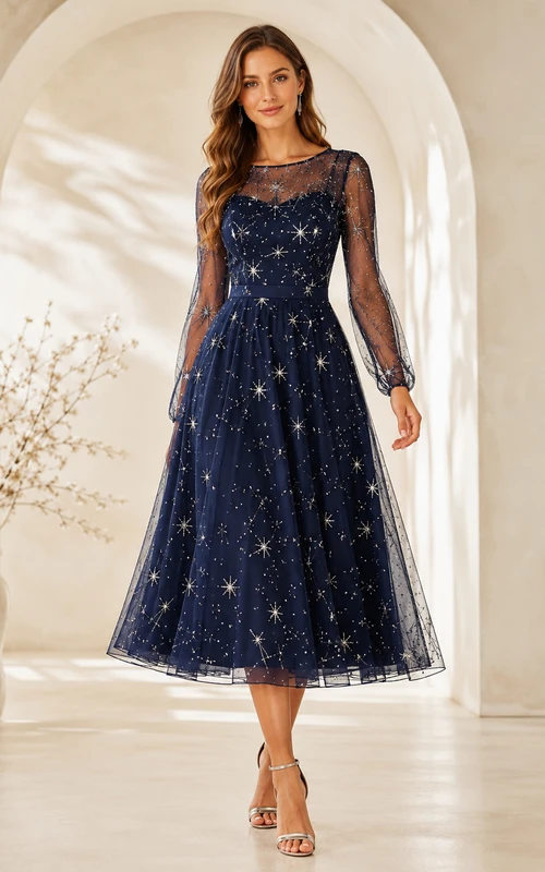 Vestido midi de manga larga para invitada, azul marino oscuro, con escote barco y tul, estampado de estrellas.