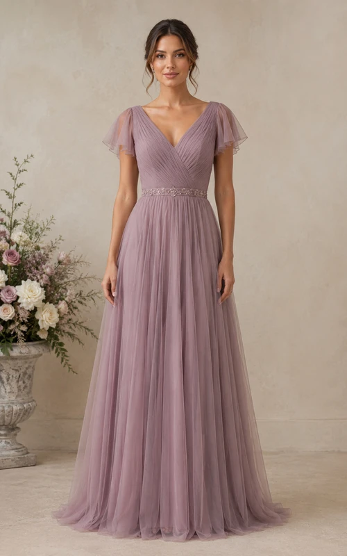 Robe de demoiselle d'honneur en tulle mauve, col en V, coupe trapèze, ornée de perles à la taille