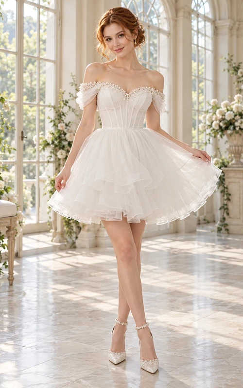 Short Off Shoulder Sweetheart Floral Tulle Layered Bridal Wedding Dress