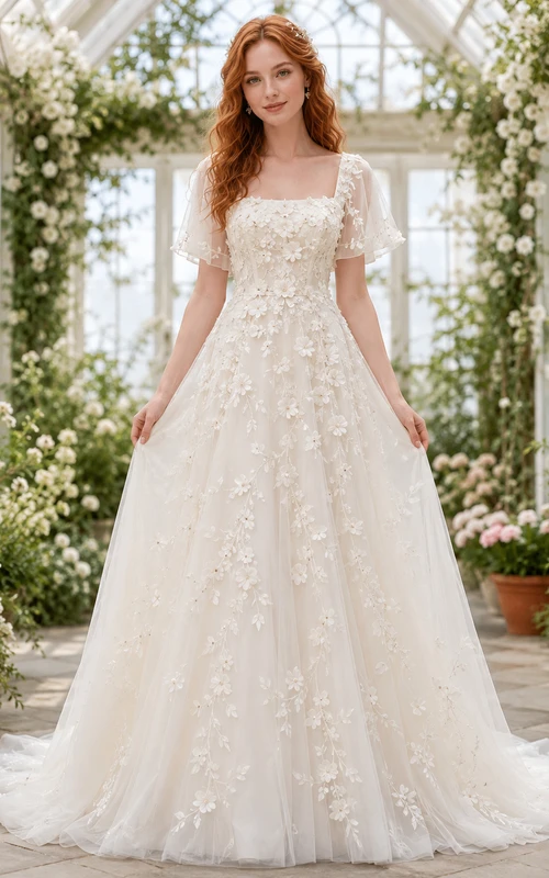A-Linien-Brautkleid mit quadratischem Ausschnitt, floralen Applikationen und Gewächshaus-Schnitt
