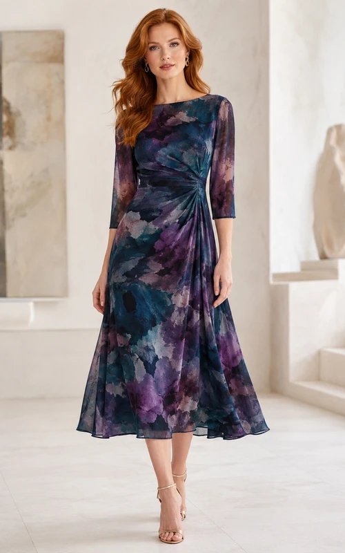 Vestido midi de manga tres cuartos con estampado abstracto de acuarela oscura