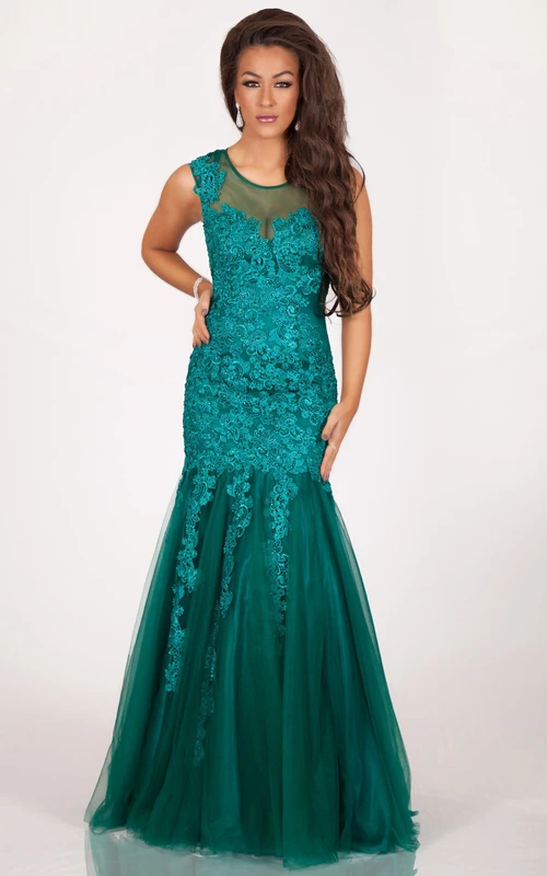 A-Linien-Abendkleid aus Tüll mit bodenlangem, appliziertem Rundhalsausschnitt und ärmellosem Design
