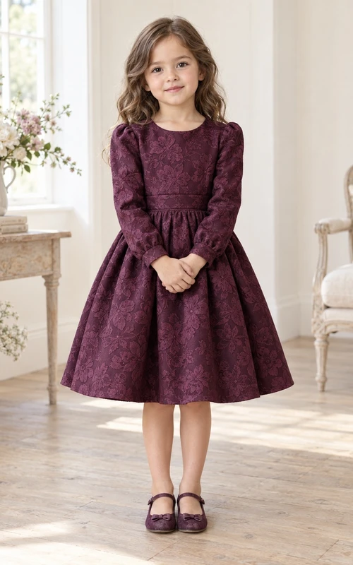 Langärmeliges Vintage-Kleid in Teelänge, pflaumenfarben, geblümt, plissiert, Jacquard-Jacquard, Blumenmädchenkleid