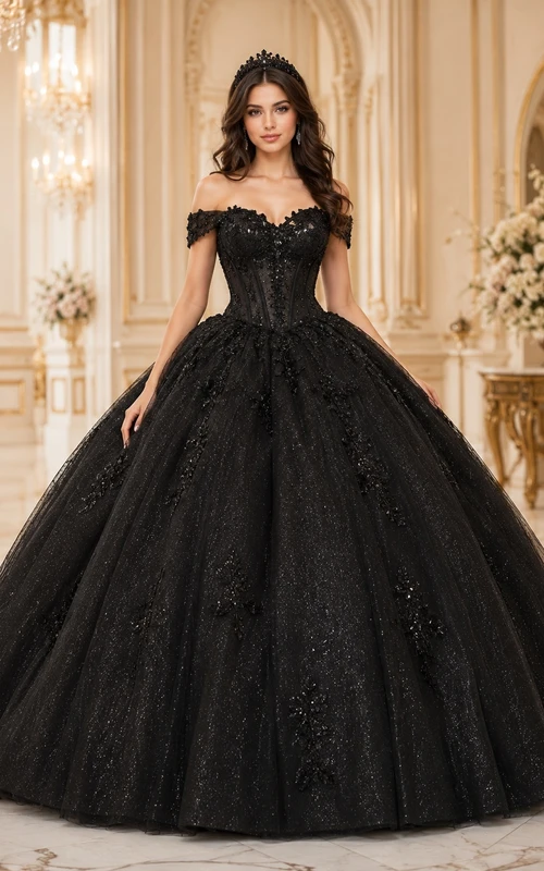 Black Quinceanera Regal Ball Gown Off-the-shoulder Lace Short Sleeve Floor-length Romantic Dress