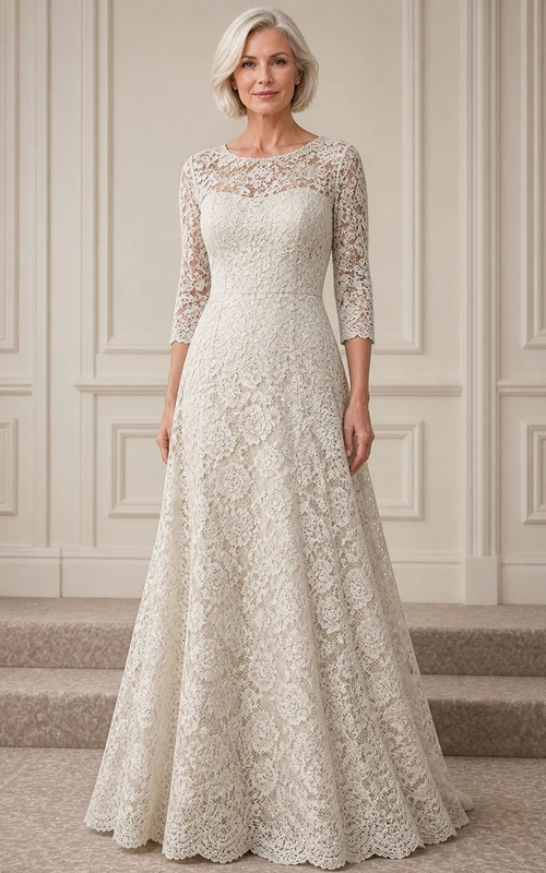 Robe de mariée majestueuse et élégante en dentelle, coupe trapèze, longueur au sol, manches trois-quarts, pour les futures mariées d'âge mûr.