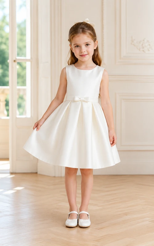 Vestido de niña de flores de satén color marfil con corte en A, sin mangas, cuello joya, falda hasta la rodilla y detalle de lazo.