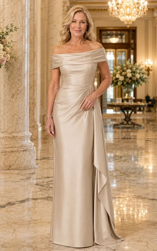 Champagnerfarbenes, luxuriöses, schulterfreies, ärmelloses, drapiertes Satin-Etui-Kleid in Bodenlänge – perfekt für Hotelhochzeiten und die Mutter der Braut