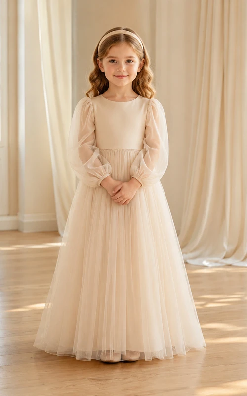 Vestido de niña de flores de tul color champán de manga larga con lazo