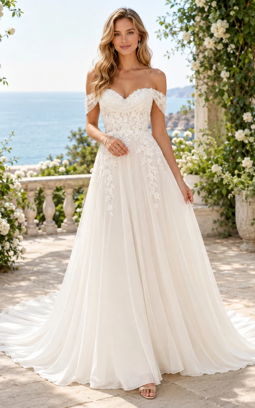 Robe de mariée en dentelle et tulle, coupe trapèze, épaules dénudées, traîne.