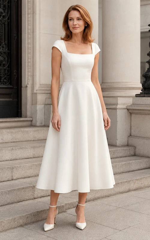 Square Neck Cap Sleeve Tea Length Wedding Dress