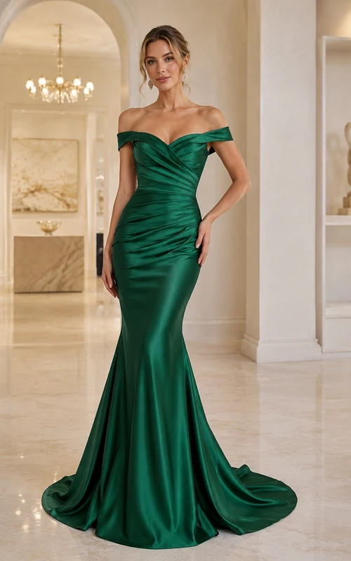 Emerald Satin Off Shoulder Short Sleeve Mermaid Floor Length Sweep Train Evening Gown