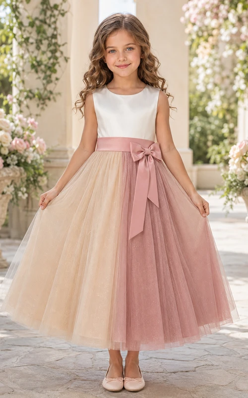 Blushing Pink Color Block A-Line Tulle Flower Girl Dress, Sleeveless Jewel Neck, Ribbon Bow, Tea-Length Garden