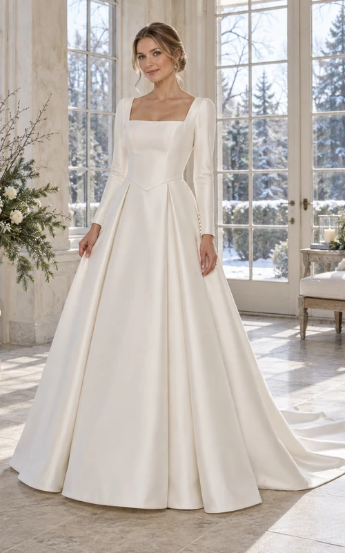 Vestido de novia sencillo de corte A con escote cuadrado y manga larga en satén vasco
