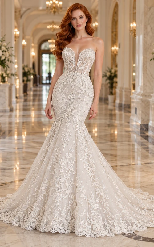 Mermaid Strapless Sweetheart Beaded Lace Chapel Train Wedding Dress