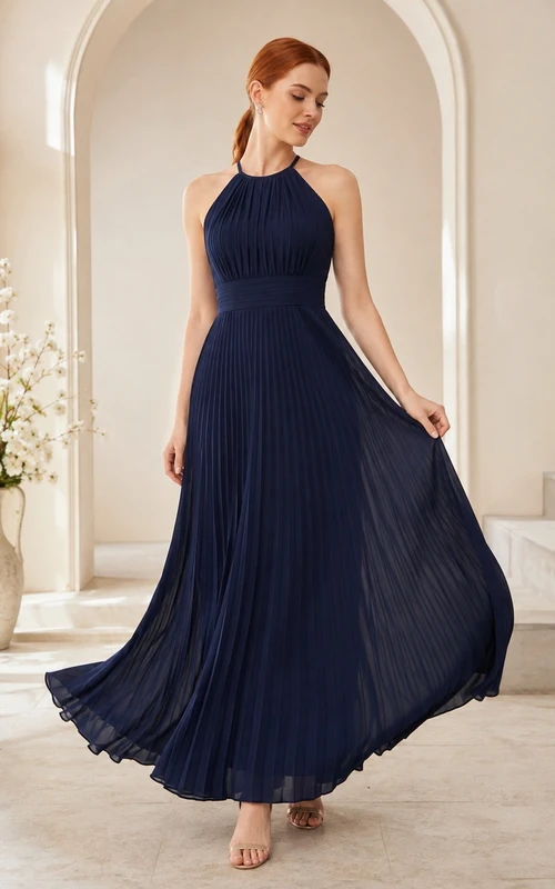 Ink Navy Sleeveless Halter Pleated Chiffon A-Line Floor-Length Guest Dress