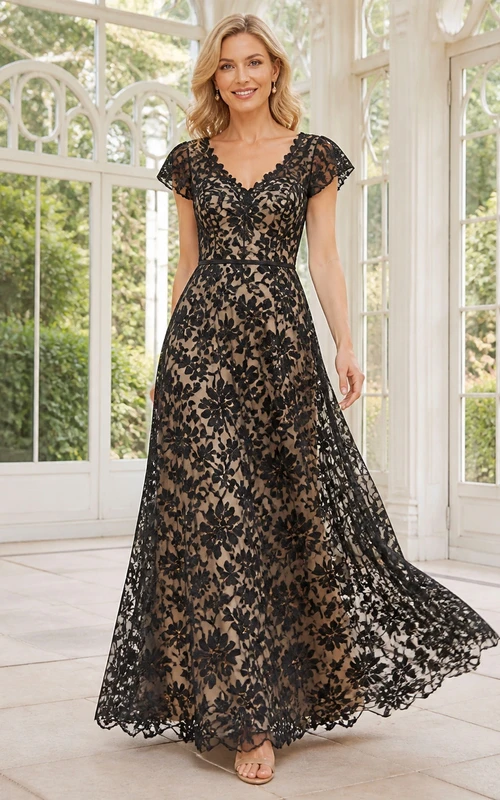 Vestido de noche formal de corte A, negro, vintage, talla grande, con encaje y mangas cortas