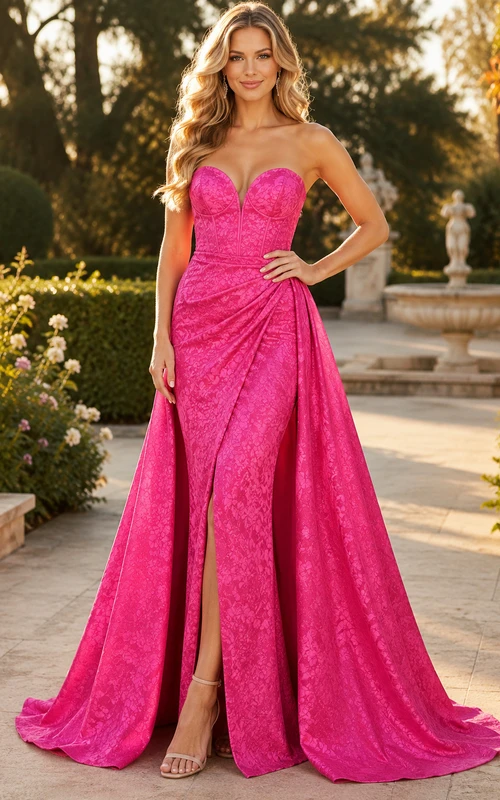 Fuchsia Strapless Glitter A-Line Prom Dress with Draped Bodice and Slit