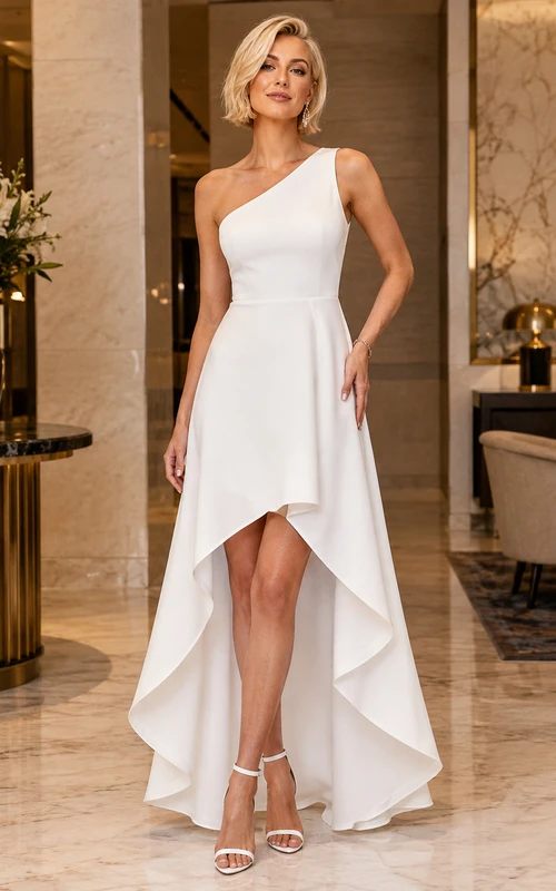 Robe de mariée asymétrique moderne en satin plissé à une épaule, dos nu, pour réception formelle