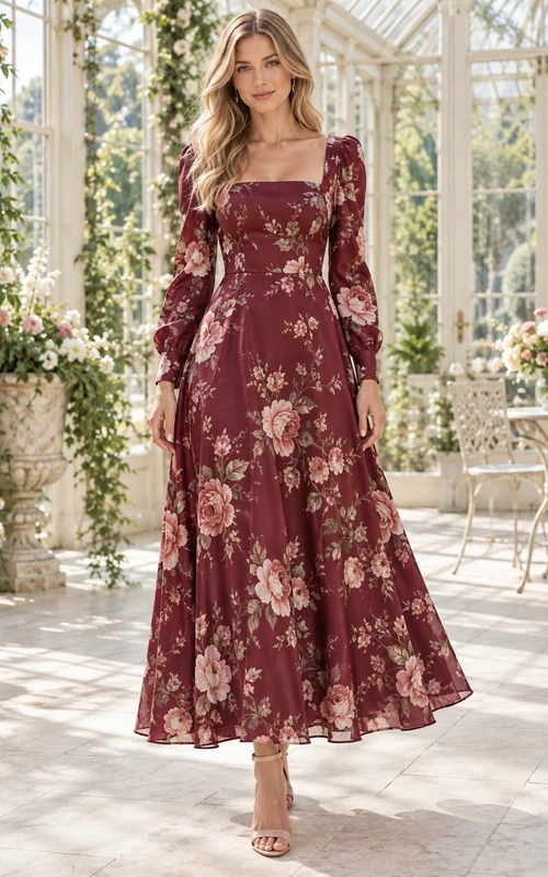 Burgundy Floral Print Square Neck Long Sleeve Chiffon Ankle Length A Line Guest Dress