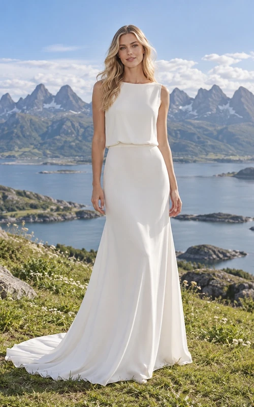 Sencillo vestido de novia de crepé sin mangas con escote barco, estilo sirena, corpiño tipo blusa y cola.