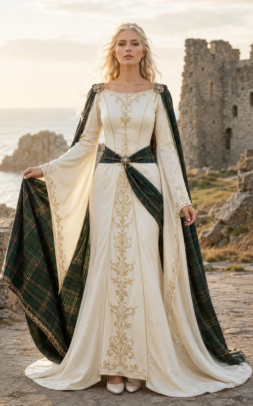 Mittelalterliches schottisches Tartan-Cape-Hochzeitskleid mit langen Glockenärmeln, eckigem Ausschnitt und Stickerei in A-Linie