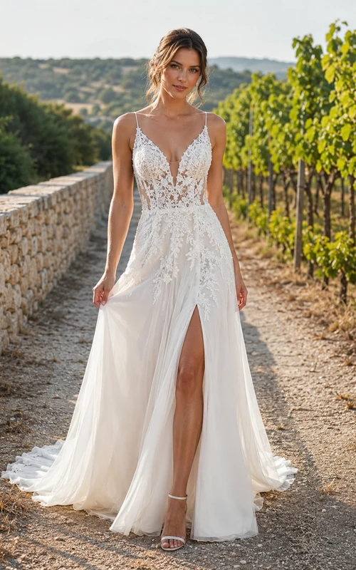 Boho Country A Line Spaghetti Deep V Lace Split Chapel Train Wedding Dress