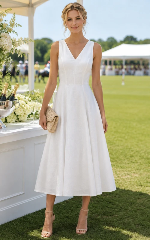 Vestido midi blanco de polo con cuello en V, sin mangas y plisado.
