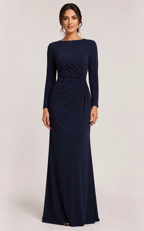 Modest Navy Formal Dress with Long Sleeves Bateau Draped Evening Gown