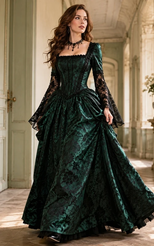 Vestido de gala largo de terciopelo verde con escote cuadrado y mangas largas, estilo vintage, de lujo.